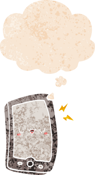 Bir insan tarafından çizilmiş grunge sıkıntılı retro biçimli düşünce baloncuklu sevimli çizgi film cep telefonu