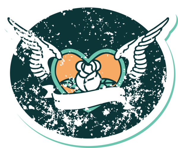 Bir insan tarafından çizilmiş çiçek ve pankartıyla uçan bir kalbin sembolik dövmeli resmi.