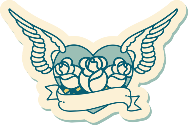 Geleneksel bir dövme stili. Uçan kalp. Çiçekler ve bir insan tarafından çizilmiş bayrak.