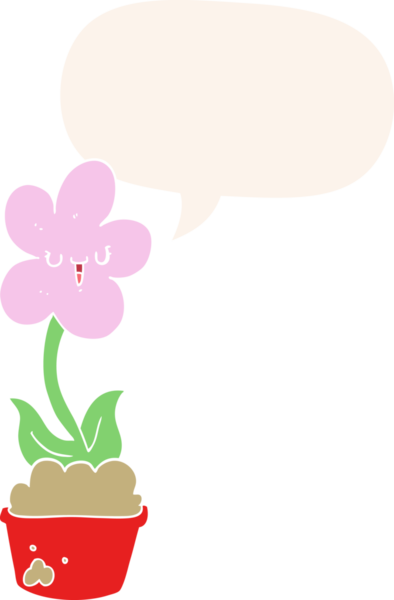 Bir insan tarafından çizilmiş, konuşma baloncuklu sevimli bir karikatür çiçeği.