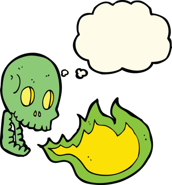 Bir insan tarafından çizilmiş düşünce baloncuklu ateş soluyan kafatası.