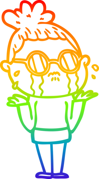 Gökkuşağı gradyan çizgi çizimi. Bir insan tarafından çizilmiş gözlük takan ağlayan bir kadın.