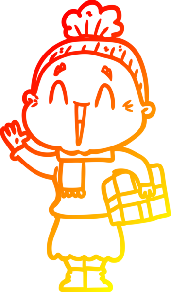 Bir insan tarafından çizilmiş mutlu, yaşlı bir kadının sıcak çizgi çizimi.