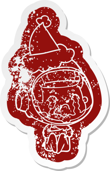 Bir insan tarafından çizilmiş Noel Baba şapkası giyen ağlayan bir astronotun garip karikatürü.