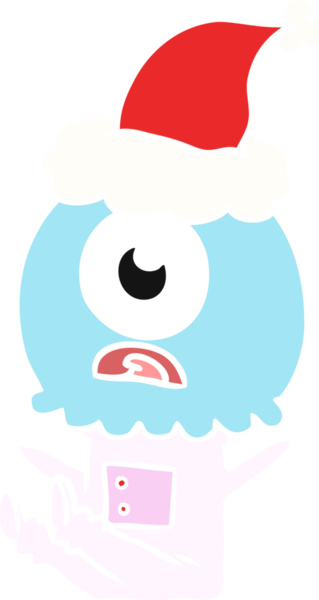 Bir insan tarafından çizilmiş Noel Baba şapkası giyen bir Tepegöz 'ün el çizimi düz renk çizimi.