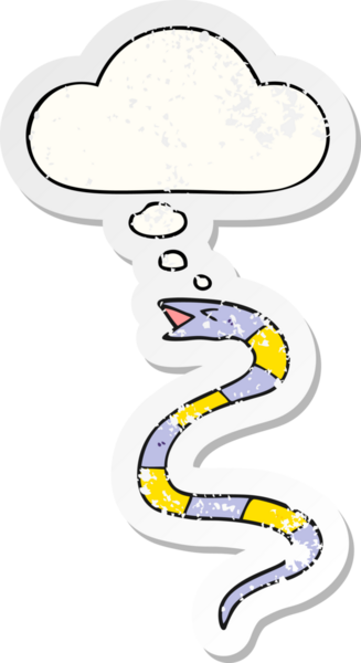 Düşünce baloncuğu olan çizgi film yılanı, insan tarafından çizilmiş, yıpranmış bir çıkartma gibi.