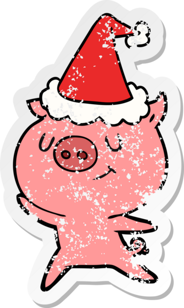 Mutlu el, insan tarafından çizilmiş Noel Baba şapkası takan bir domuzun kederli çıkartması.