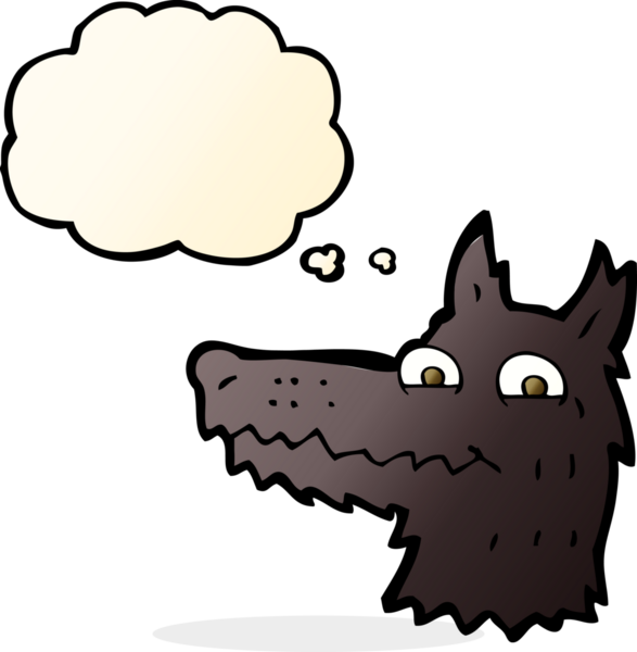 Bir insan tarafından çizilmiş düşünce balonlu bir kurt kafası.