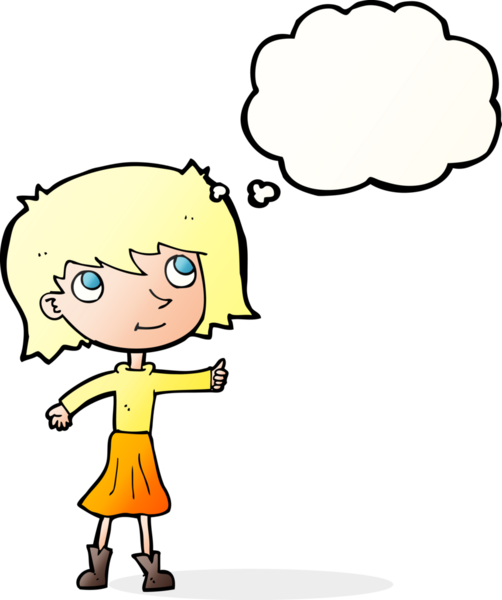 Bir insan tarafından çizilmiş düşünce balonlu mutlu kız çizgi filmi.