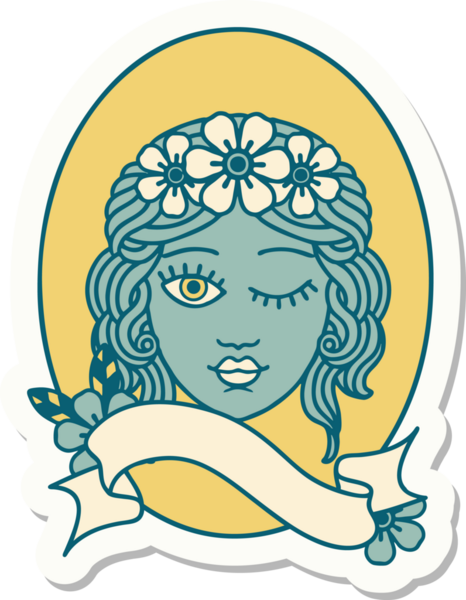 Bir insan tarafından çizilmiş çiçek taçlı bir bakirenin sancağıyla dövme stili çıkartması.