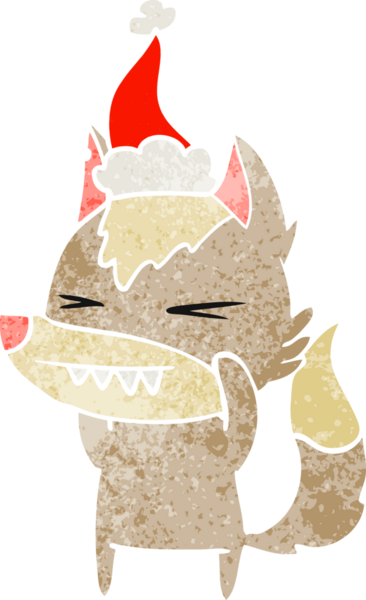 Kızgın kurt el, bir insan tarafından çizilmiş Noel Baba şapkasının retro karikatürünü çizdi.