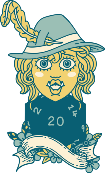 Retro Dövme Tarzı Şarkı Söyleyen Yarı Ork Ozan Bir insan tarafından çizilmiş doğal yirmi zar ile