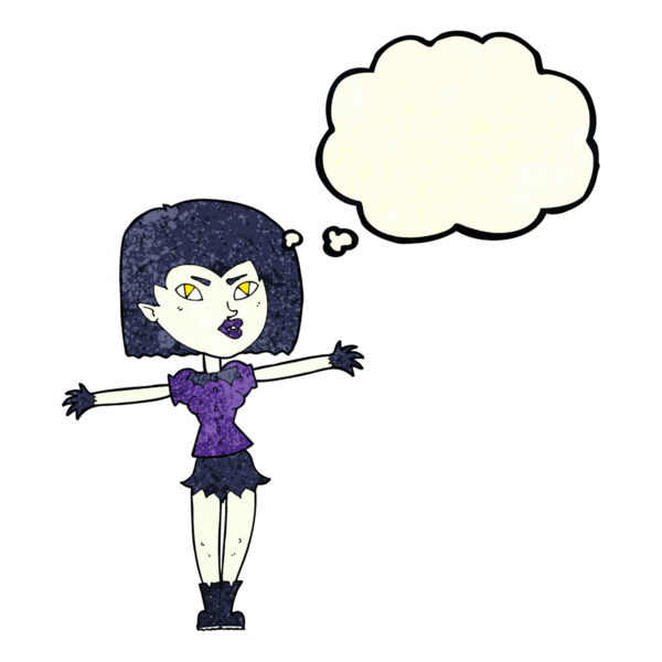 Bir insan tarafından çizilmiş düşünce balonlu vampir kız.