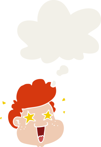 Düşünce baloncuğu olan çizgi film çocuğunun yüzü bir insan tarafından çizilmiş.