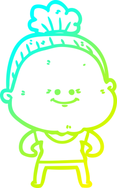 Bir insan tarafından çizilmiş, mutlu, yaşlı bir kadının çizimi.