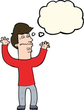 Bir insan tarafından çizilmiş düşünce baloncuğu olan sinirli bir adam.