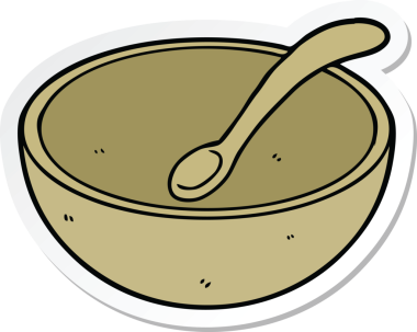 Bir insan tarafından çizilmiş tahta kase ve kaşığın çıkartması.