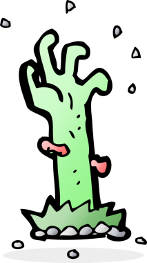 Bir insan tarafından çizilmiş bir mezardan yükselen zombi çizgi filmi.