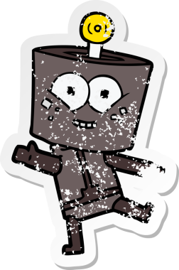 Bir insan tarafından çizilmiş mutlu bir robot çizgi film çıkartması.