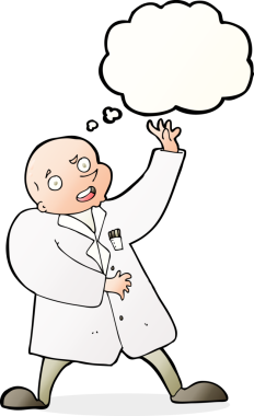 Bir insan tarafından çizilmiş düşünce baloncuğu olan çılgın bilim adamı.