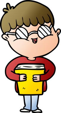 Bir insan tarafından çizilmiş kitap taşıyan gözlüklü bir çizgi film çocuğu.