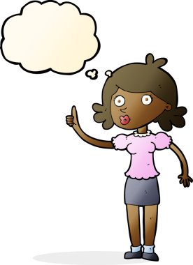 Bir insan tarafından çizilmiş düşünce baloncuğu fikri olan karikatür kadın.