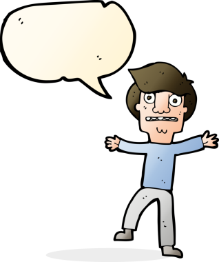 Bir insan tarafından çizilen konuşma baloncuğuyla panikleyen çizgi film çocuğu.