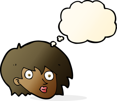 Bir insan tarafından çizilmiş düşünce baloncuğuyla kadın yüzünü şaşırtan çizgi film.