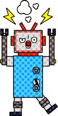 Bir insan tarafından çizilmiş bozuk bir robotun çizgi romanı.