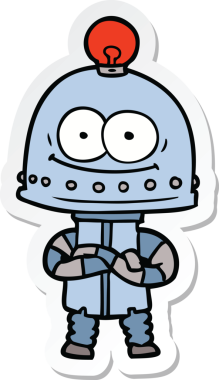 Bir insan tarafından çizilmiş mutlu bir karton robotun çıkartması.