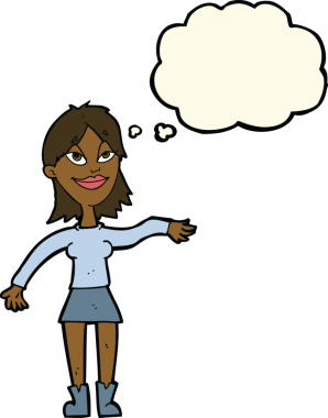 Bir insan tarafından çizilmiş düşünce baloncuğuyla el hareketi yapan çizgi film kadını.