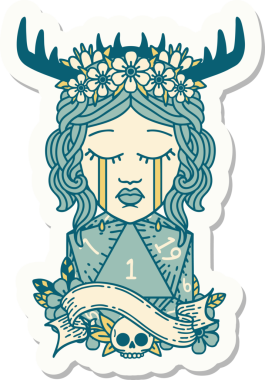 Ağlayan insan bir Druid 'in çıkartması. Bir insan tarafından çizilmiş doğal bir D20 rulosu.