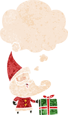 Düşünce baloncuklu çizgi film Noel Baba grunge sıkıntılı retro dokuma tarzı bir insan tarafından çizilmiş