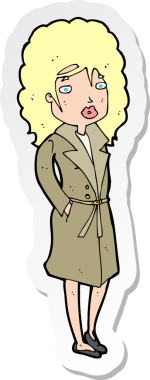 Bir insan tarafından çizilmiş trençkotlu bir karikatür kadının çıkartması.