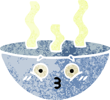 Bir insan tarafından çizilmiş sıcak bir çorba kasesinin retro çizim tarzı karikatürü.