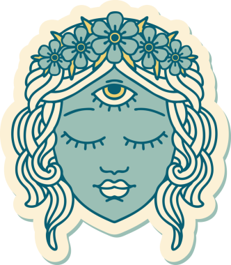 Geleneksel kadın yüzü stili dövme çıkartması. Üçüncü göz ve bir insan tarafından çizilmiş çiçek taçı.