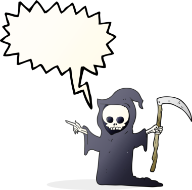 Bir insan tarafından çizilmiş tırpanla serbest konuşma balonu karikatürü ölümü