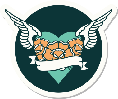 Geleneksel kalp stili dövme çıkartması. Kanatları, çiçekleri ve insan sancağıyla çizilmiş.