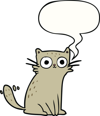 Bir insan tarafından çizilmiş konuşma balonlu bir kedi.