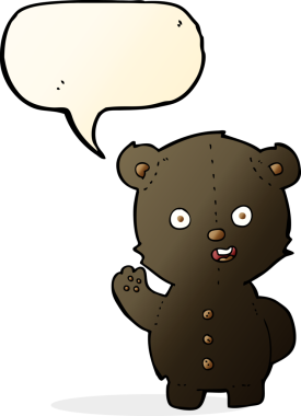 Bir insan tarafından çizilmiş konuşma balonu olan sevimli çizgi film kara ayısı.