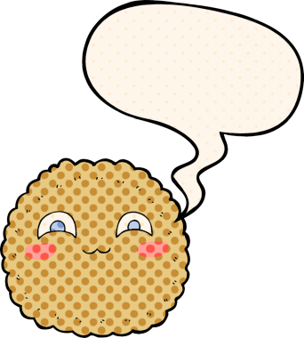 Bir insan tarafından çizilmiş çizgi roman tarzında konuşma baloncuklu çizgi film bisküvisi.