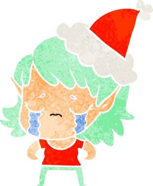 Bir insan tarafından çizilmiş Noel Baba şapkası giymiş ağlayan bir elf kızının el çizimi karikatürü.