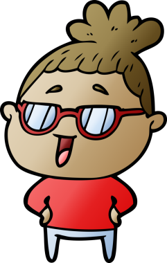 Bir insan tarafından çizilmiş gözlüklü mutlu kadın çizgi filmi.