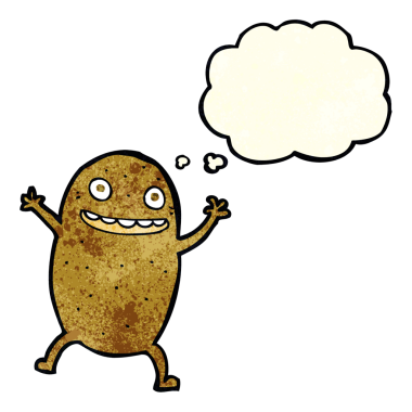 Bir insan tarafından çizilmiş düşünce baloncuklu mutlu patates çizgi filmi.