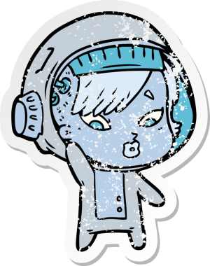 Bir insan tarafından çizilmiş karikatür astronot kadının sıkıntılı çıkartması.