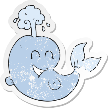 Bir insan tarafından çizilmiş suyu püskürten karikatür balinasının geriletilmiş yapıştırması.