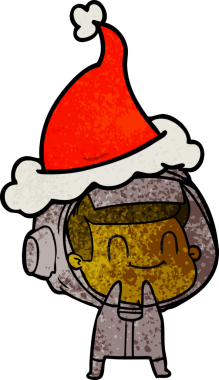 Bir insan tarafından çizilmiş Noel Baba şapkası giymiş bir astronotun çizilmiş mutlu el çizimi karikatürü