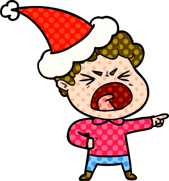 Bir insan tarafından çizilmiş Noel Baba şapkası giyen öfkeli bir adamın el çizimi çizgi roman çizimi.