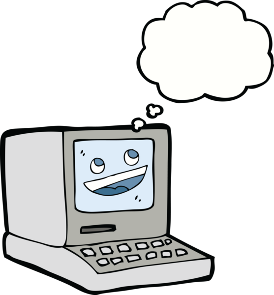 Bir insan tarafından çizilmiş düşünce baloncuklu eski bir bilgisayar.