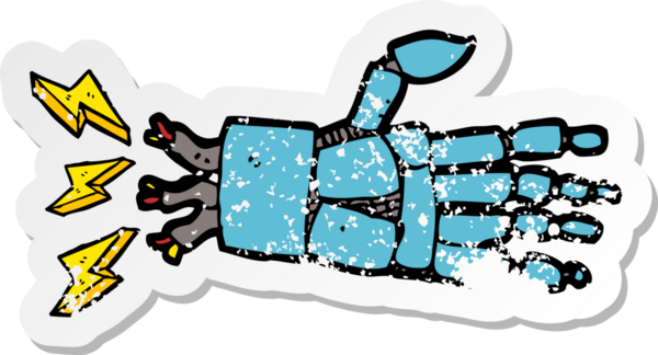 Bir insan tarafından çizilmiş robot elin gerilimli retro çıkartması.